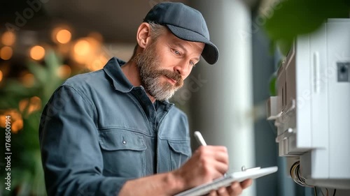Caucasian middle aged man with beard wearing cap setting up wireless router using digital tablet in modern living room focusing on configuring home internet connection home