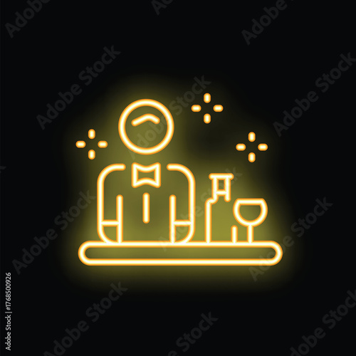 Neon sign icon of a bartender standing behind bar with wine bottle and wineglass