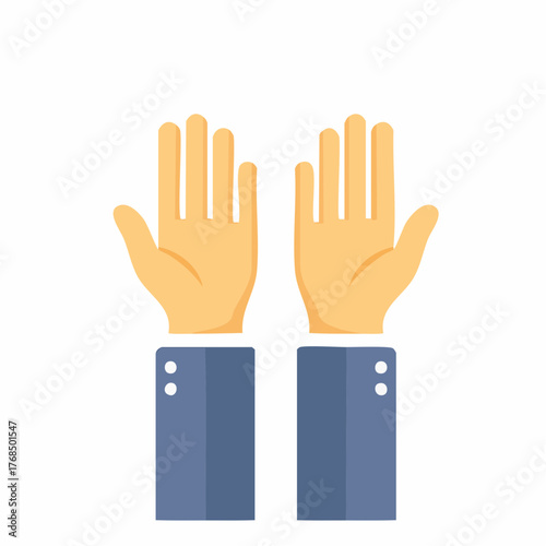 Hands raised in supplication, a gesture of prayer, appeal for help and hope with suit sleeves on white