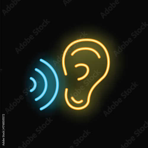 Neon sign icon of an ear receiving sound waves, symbolizing listening and audio content
