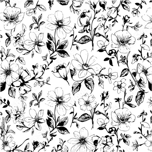 Seamless vector floral pattern featuring hand-drawn flowers and leaves, ideal for elegant feminine designs