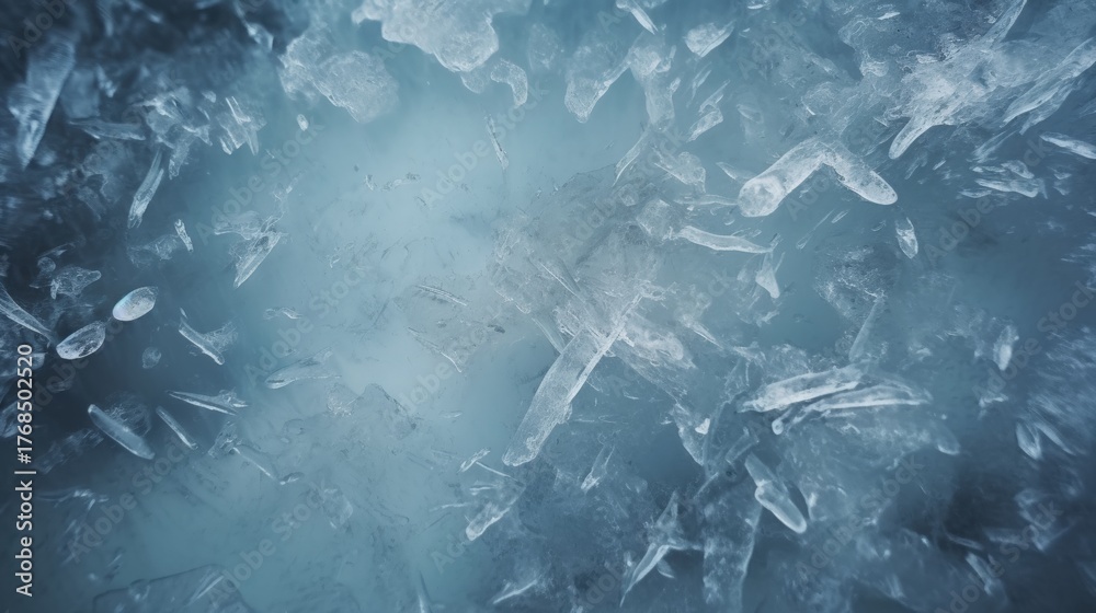 Obraz premium A close-up view of intricate ice crystals, showcasing their sharp edges and textures against a soft blue background.