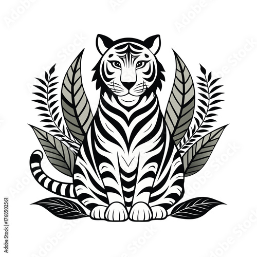 A majestic tiger sits calmly in a stylized black and white illustration with vibrant color accents perfect for wildlife art and design projects