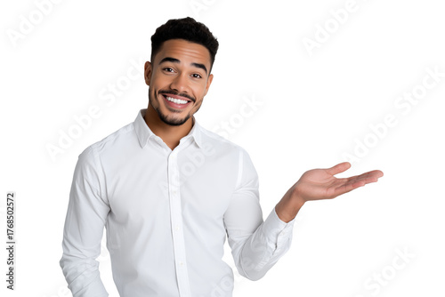 Smiling young man in white shirt with hand gesture isolated