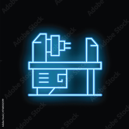 Neon blue icon of a lathe machine glowing on a black background