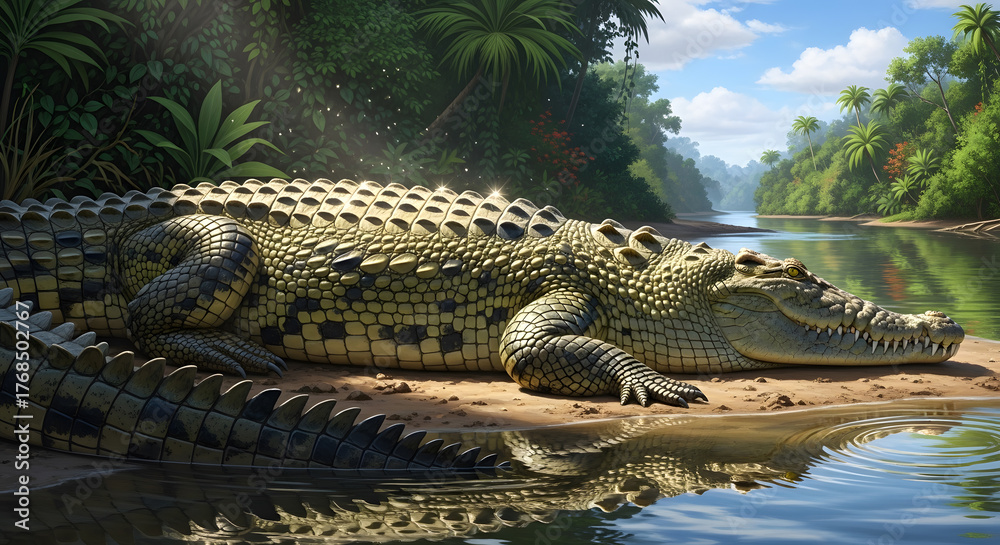 Obraz premium Majestic crocodile basking in the sun near a serene river, a scene of nature's raw beauty and power