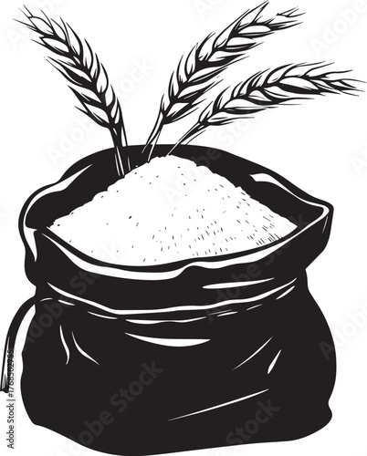 A black and white illustration of a sack of grain with wheat ears protruding from it.