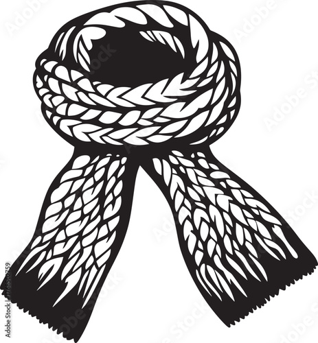 A black and white illustration of a knitted scarf with a textured pattern.