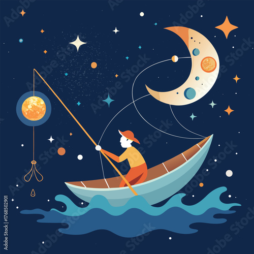 An ethereal and whimsical vector illustration featuring a magical dreamlike scene with flowing lines and vibrant fantastical elements