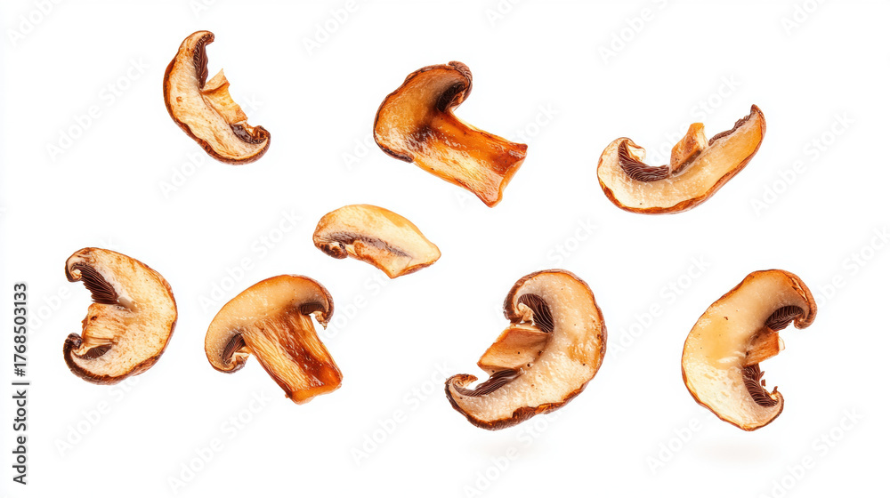 Fototapeta premium Slices of cooked shiitake mushrooms isolated on a white background. delicious mushroom slices are perfect for culinary projects or food-related designs.