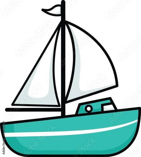 Playful Sailing Boat Illustration – Cute Teal and White Cartoon Yacht Vector Icon