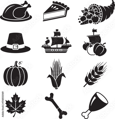 A collection of black and white icons representing various symbols and objects related to Thanksgiving, including a turkey, a slice of pie, a cornucopia, a pilgrim hat, a galleon, a pumpkin