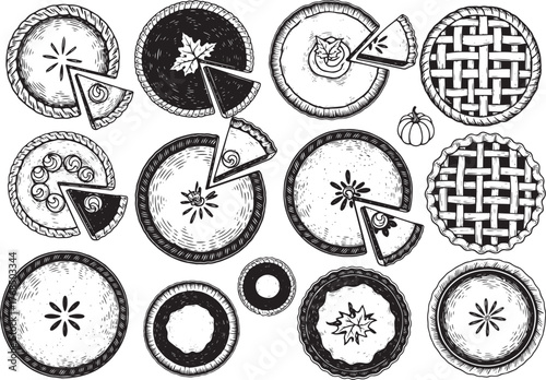 Various pies with different fillings and crusts, including pumpkin, apple, and cherry pies.