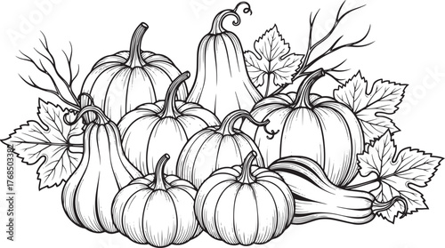 A collection of pumpkins and gourds with leaves, arranged in a decorative manner.