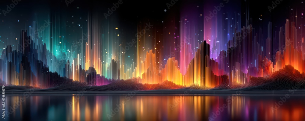 Obraz premium Abstract glowing light towers with vibrant reflections on a calm surface