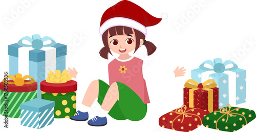 Little girl in a Santa hat surrounded by colorful wrapped Christmas gifts, ideal for greeting cards, posters, or holiday-themed graphics.
