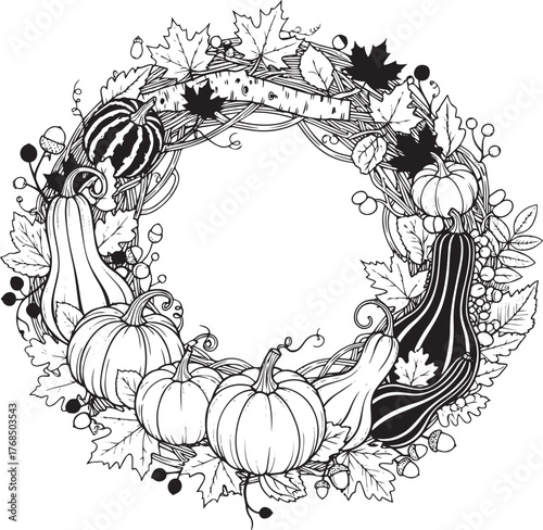 A black and white illustration of a festive autumn wreath with pumpkins, gourds, and leaves.