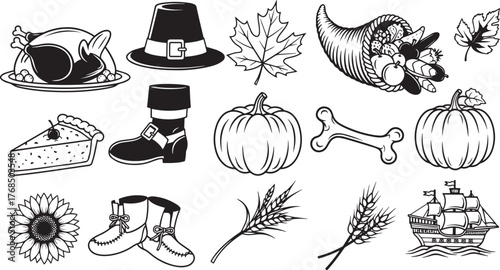 A collection of Thanksgiving-themed icons, including a turkey, pilgrim hat, cornucopia, pumpkin, pie, boot, leaf, maple leaf, and other symbols.