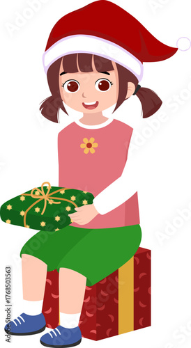 Cute little girl wearing a Santa hat sitting on a gift box while holding a wrapped Christmas present. Festive flat vector illustration perfect for holiday cards, decorations, and children’s Christmas