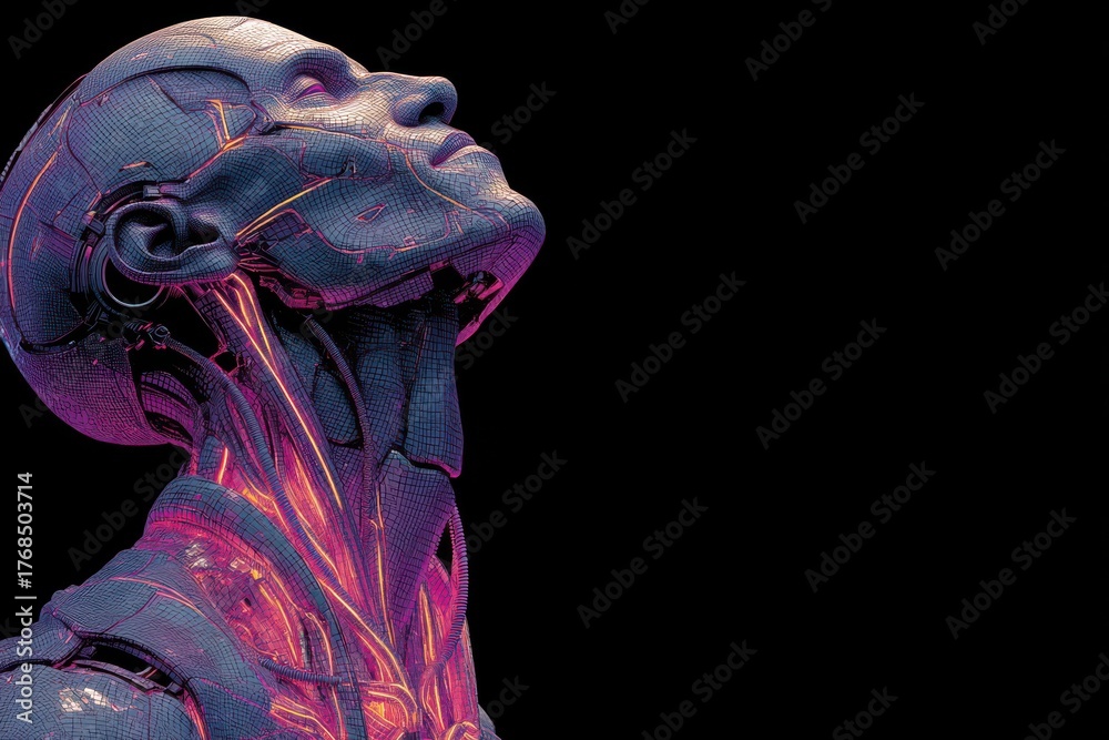 Naklejka premium Futuristic cybernetic humanoid with vibrant neural and mechanical detailing