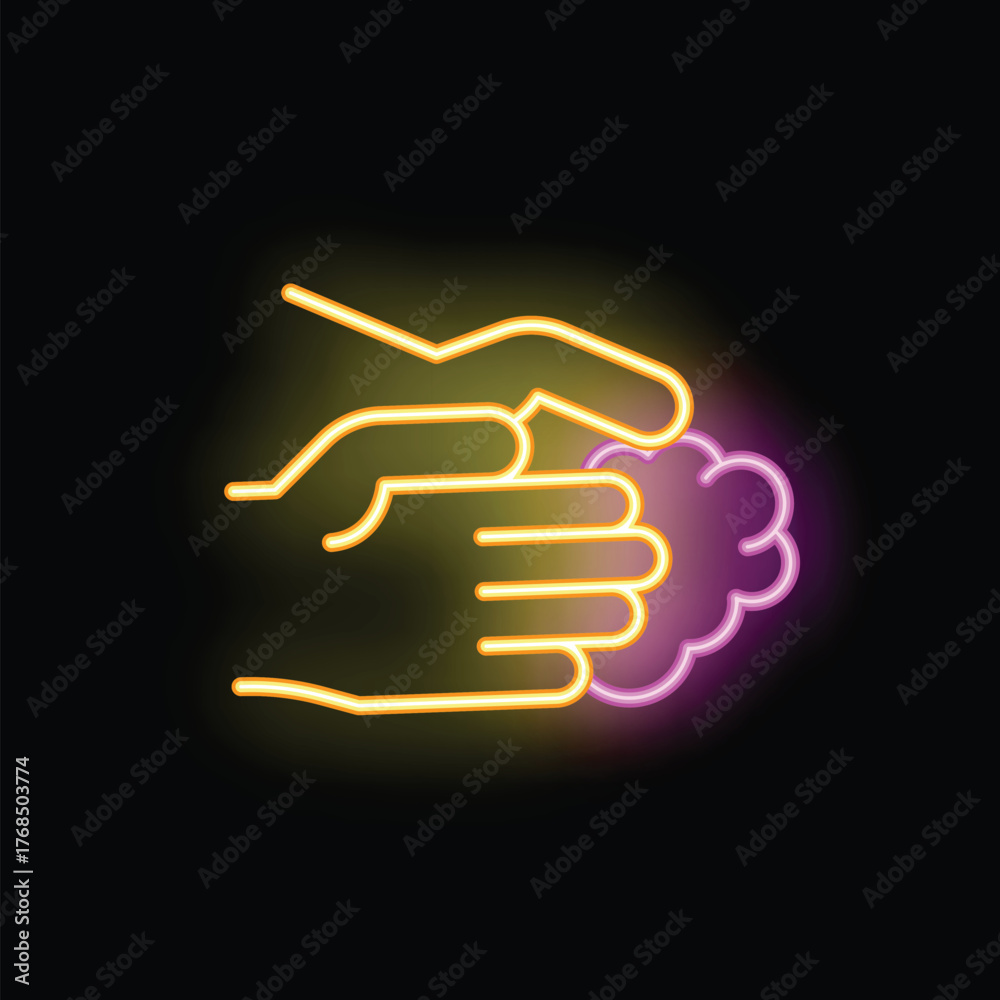Fototapeta premium Neon sign of hands being washed with soap, on a black background