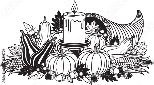 A cornucopia with pumpkins, gourds, and acorns, surrounded by leaves and berries, with a lit candle in the center.