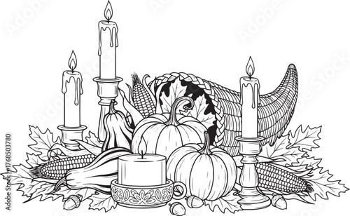 A cornucopia with pumpkins, gourds, and corn stalks, surrounded by candles and leaves, set vector illustration