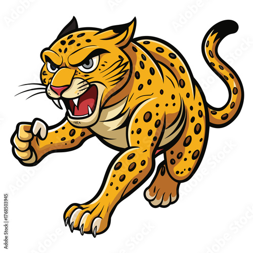 A powerful and fiercely dynamic cartoon leopard illustration with bold lines and vibrant colors perfect for energetic designs and wildlife themes