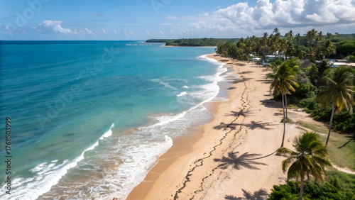 Top view soft waves of blue sea and sand on summer holidays beautiful beach