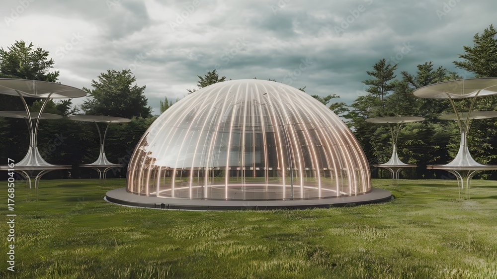 Obraz premium Transparent Dome on Green Field with Futuristic Towers