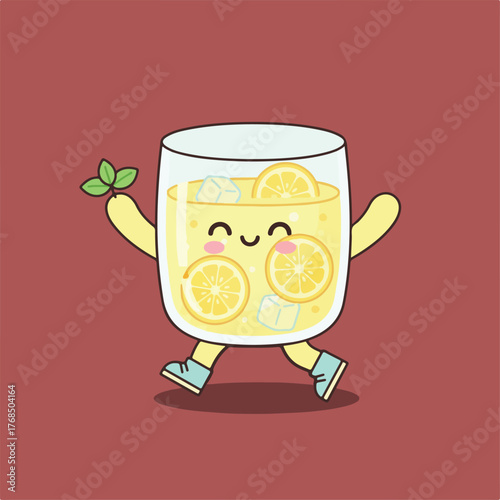 A cartoon glass of lemonade with lemon slices and ice cubes walks wearing shoes, holding a sprig of mint against a red background.