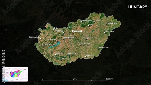 4K Hungary Border Land Map, High Resolution Satellite View with Province Lines and Highly Populated Cities, Widescreen 4K Resolution