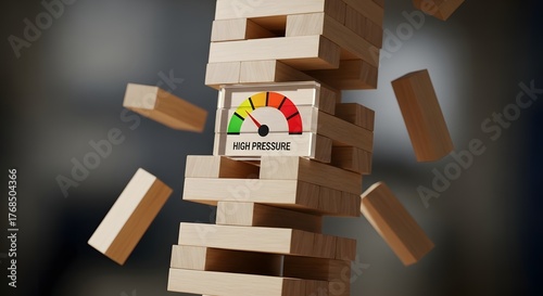 Jenga Tower About to Collapse with High Pressure Meter Label, Stress and Workload Risk