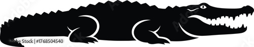 Iconic silhouette of a black alligator ready to strike in profile view flat design vector illustration isolated on transparent background