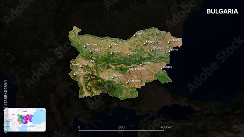 4K Bulgaria Border Land Map, High Resolution Satellite View with Province Lines and Highly Populated Cities, Widescreen 4K Resolution