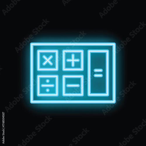 Glowing neon icon of a calculator with arithmetic symbols, representing math and calculation