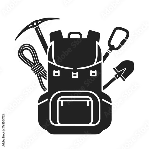 Black silhouette of a backpack with climbing and excavation tools white