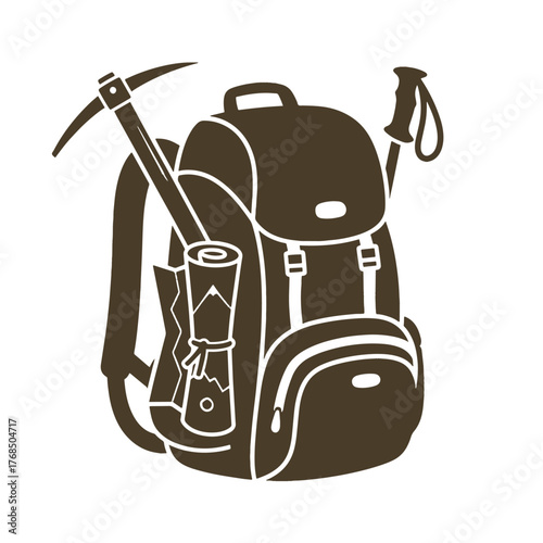 Brown hiking backpack with ice axe map and trekking poles travel adventure