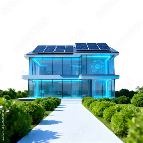Concept of a modern, eco-friendly smart home with integrated solar power technology, representing sustainable urban living and advanced architectural design for a futuristic lifestyle