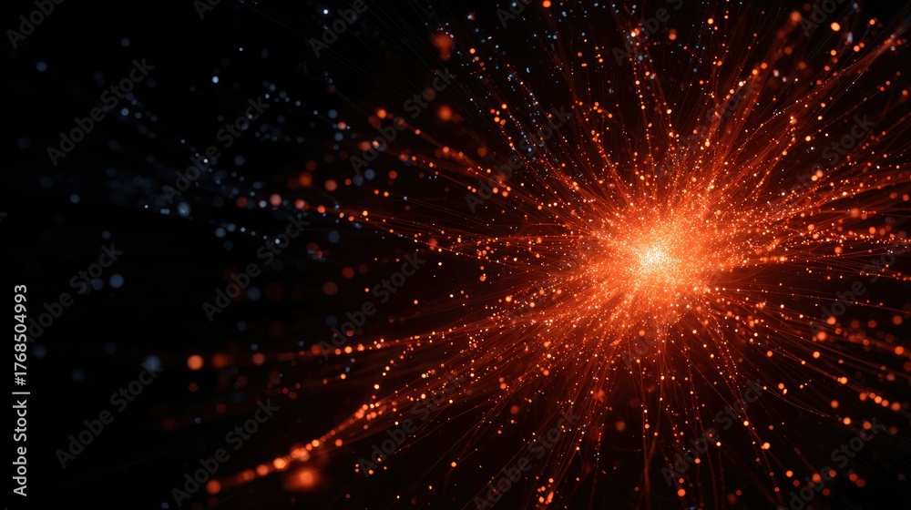 Obraz premium A dense cluster of bright orange particles emitting radiant light against a dark background resembling a technological explosion