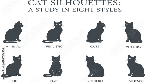 Cat icon set, silhouette study in eight artistic styles including minimal, realistic, cute, line, flat, modern, vintage, vector grid