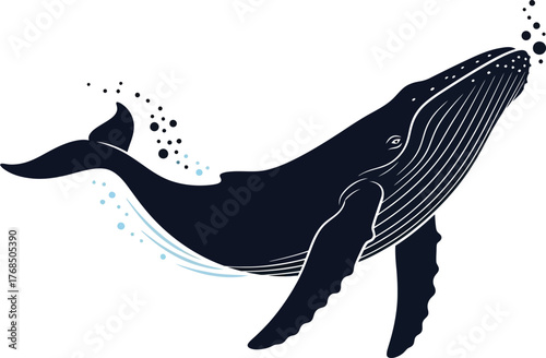 Majestic humpback whale breaching out of water spouting bubbles ocean life wildlife deep sea animal art flat design vector illustration isolated on transparent background