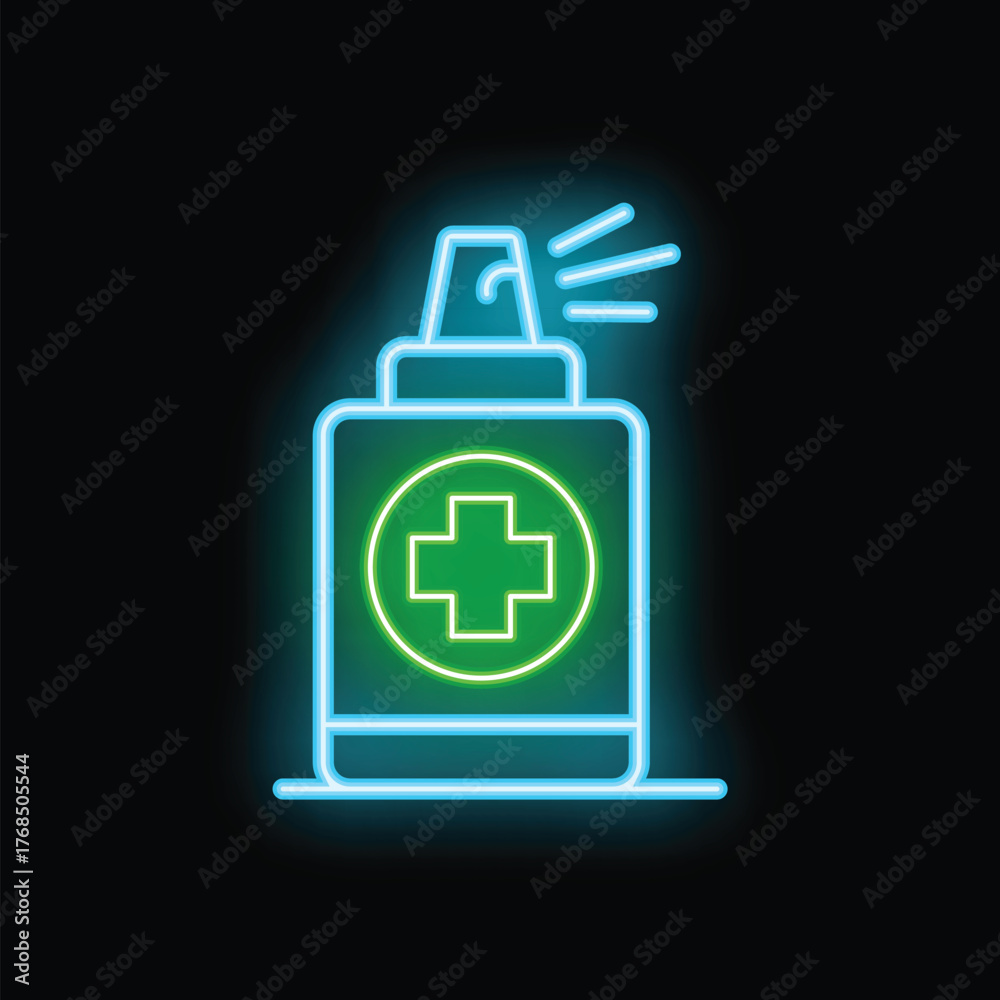 Fototapeta premium Glowing neon line medical bottle with nozzle spraying icon isolated on black background