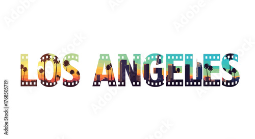 Los Angeles Skyline and Palm Trees in Film Strip Letters