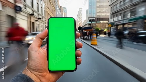 Wallpaper Mural A Hand Holding a Smartphone with a Green Screen Background While Capturing Motion in a Busy Urban Street Environment Torontodigital.ca