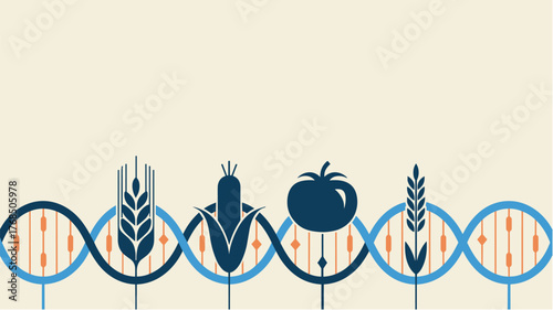 DNA strand with crop icons in genetic engineering illustration