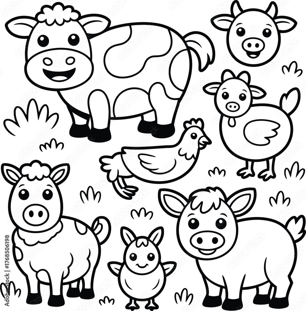 Fototapeta premium Cute cartoon farm animals coloring page illustration for kids fun