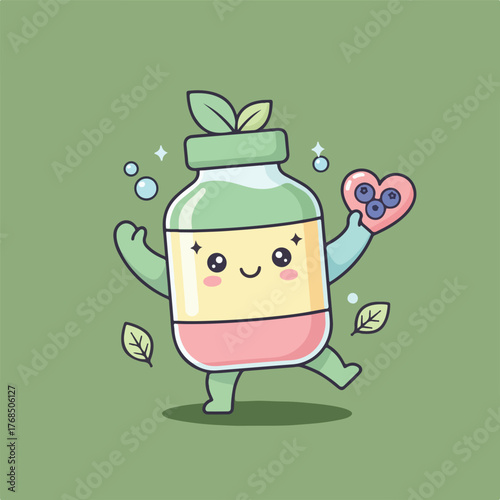 An adorable cartoon jar character cheerfully dances, holding a heart-shaped treat filled with blueberries, set against a soothing green background.