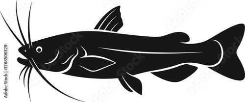 Black silhouette of a catfish with prominent whiskers and fins ready for aquatic adventure flat design vector illustration isolated on transparent background