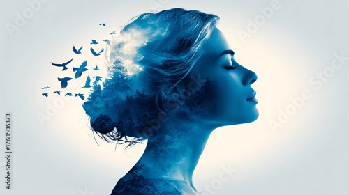 exposure of a Gen Y woman exhaling deeply, releasing stress, overlaid with birds flying freely from her silhouette into an open, clear sky, symbolizing freedom and relief, serene blues and whites 